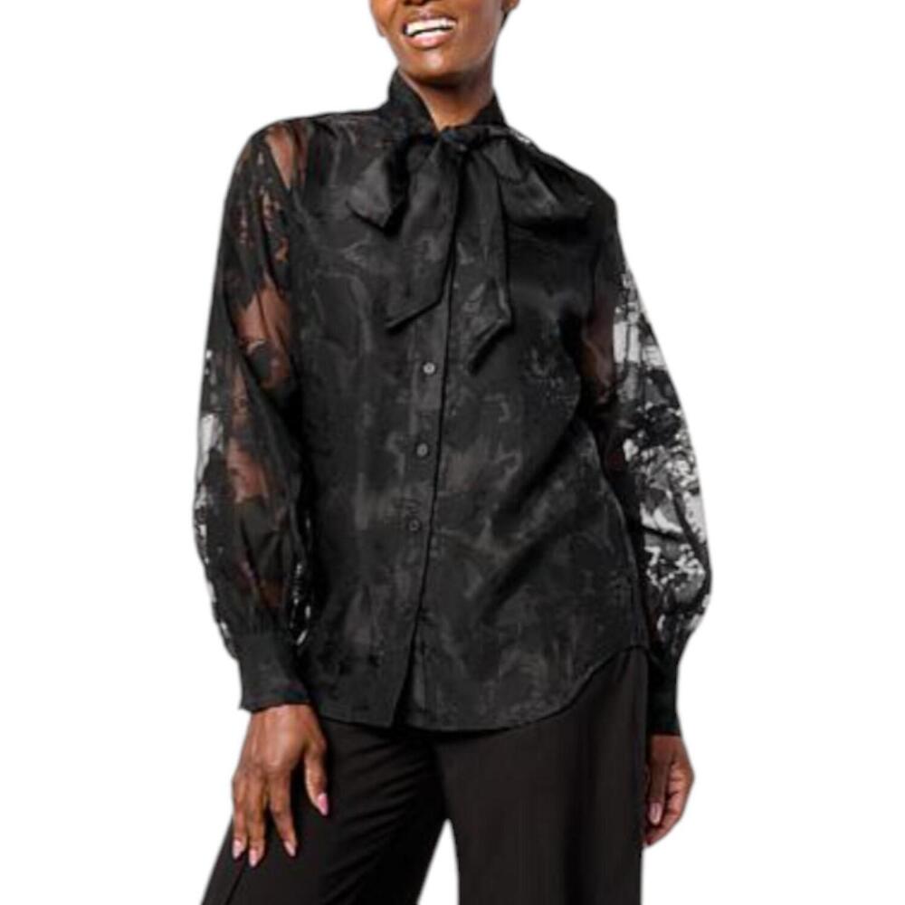 WynneCollection Women's Embellished Chiffon Bow Blouse with Tank Black - Regular